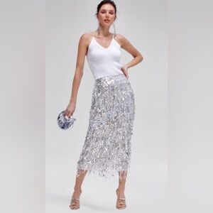 Rich Radi Q’s Tassel Sequin Midi Skirt in Gold/Silver
